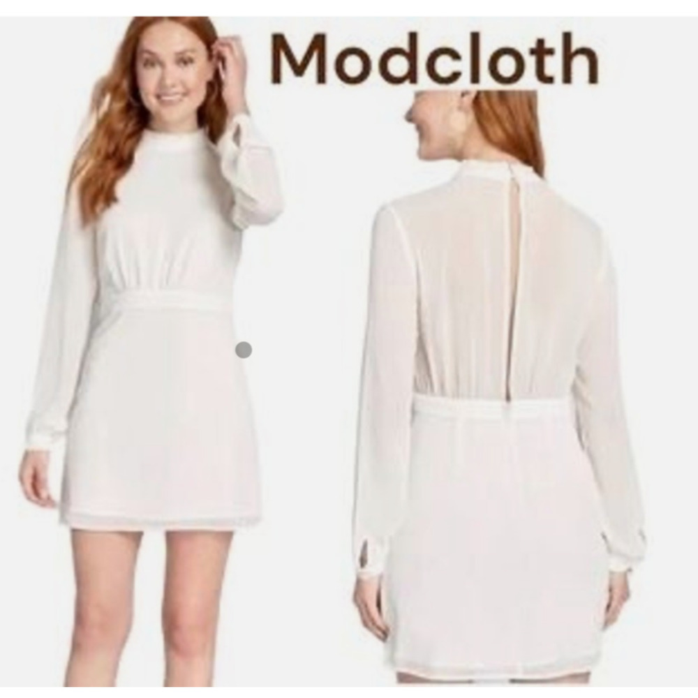 NWT ModCloth Ruffle Trim Long Sleeve Mini Dress in White Size 6 Lined Party C3